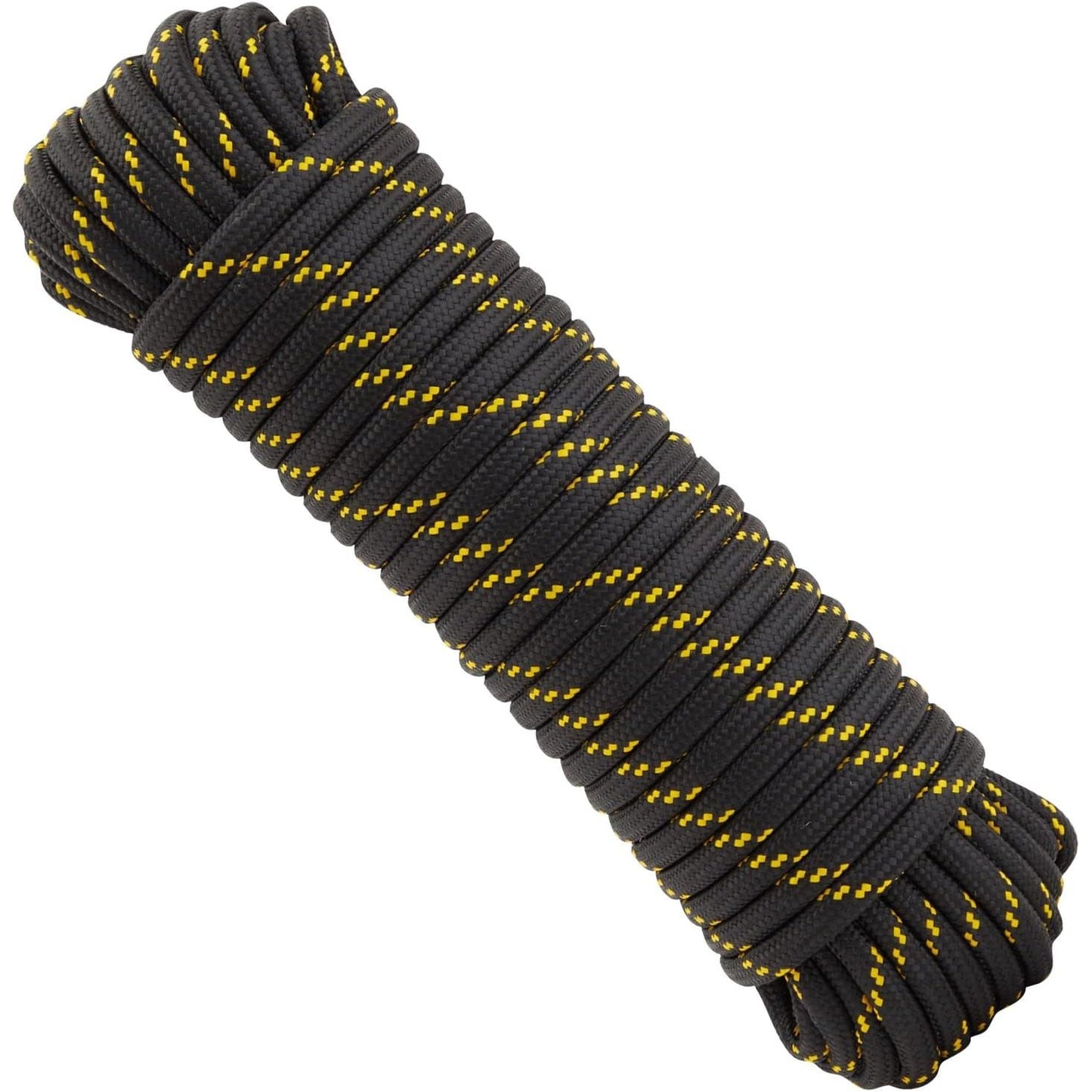 CUERDA TRENZADA DE DIAMANTE PARA BOTES Y REMOLQUES – POLIÉSTER 1/2" X 100FT NEGRO Y AMARILLO