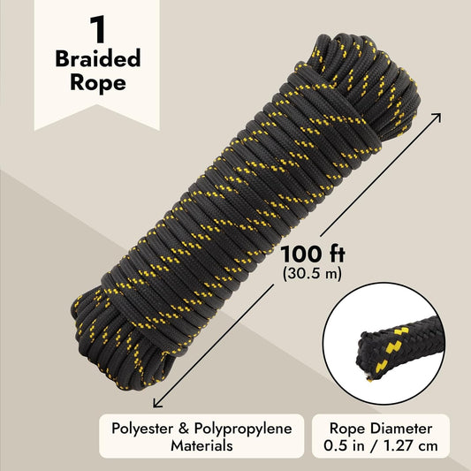 CUERDA TRENZADA DE DIAMANTE PARA BOTES Y REMOLQUES – POLIÉSTER 1/2" X 100FT NEGRO Y AMARILLO