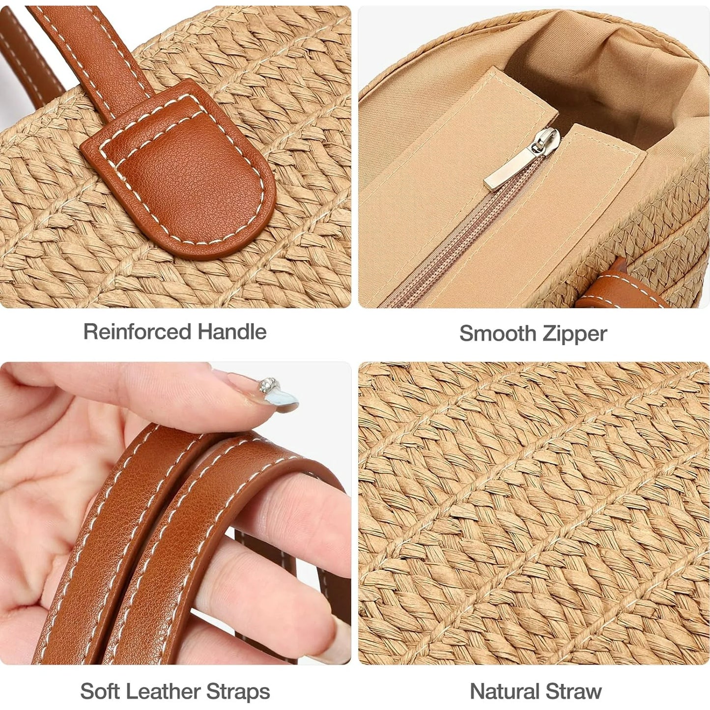 BOLSO DE PLAYA DE PAJA PARA MUJER – BANDOLERA CON ZÍPER