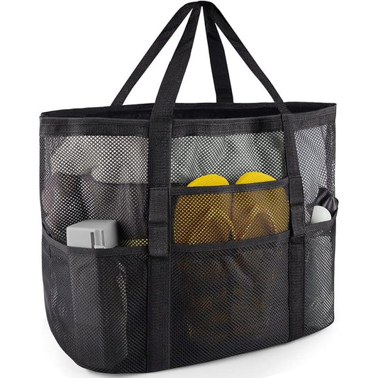 BOLSA DE PLAYA DE MALLA – TOTE GRANDE CON BOLSILLOS PARA FAMILIA Y VACACIONES