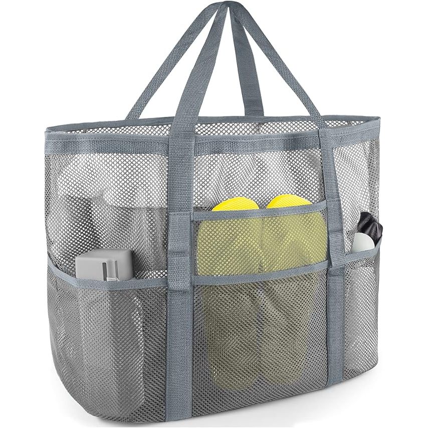 BOLSA DE PLAYA DE MALLA – TOTE GRANDE CON BOLSILLOS PARA FAMILIA Y VACACIONES