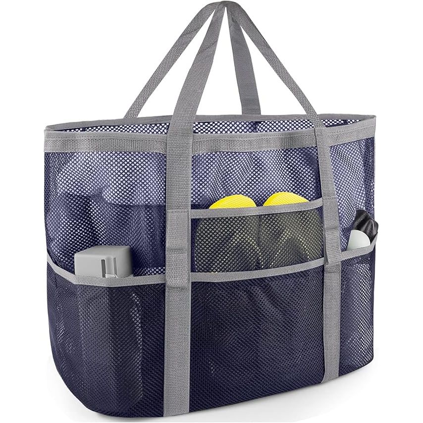 BOLSA DE PLAYA DE MALLA – TOTE GRANDE CON BOLSILLOS PARA FAMILIA Y VACACIONES