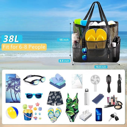 BOLSA DE PLAYA DE MALLA – TOTE GRANDE CON BOLSILLOS PARA FAMILIA Y VACACIONES
