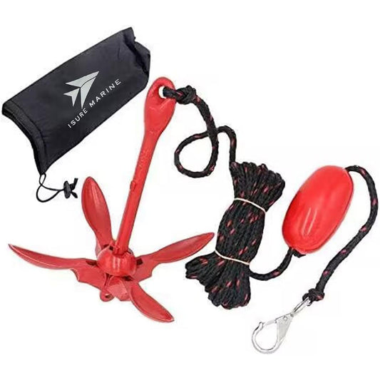 ISURE MARINE KIT DE ANCLAJE PARA KAYAK, CANOA Y BOTES PEQUEÑOS – PLEGABLE 3.5LB ROJO