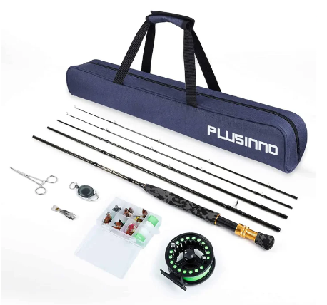 PLUSINNO KIT DE INICIO COMBINADO DE CAÑA Y CARRETE DE PESCA CON MOSCA