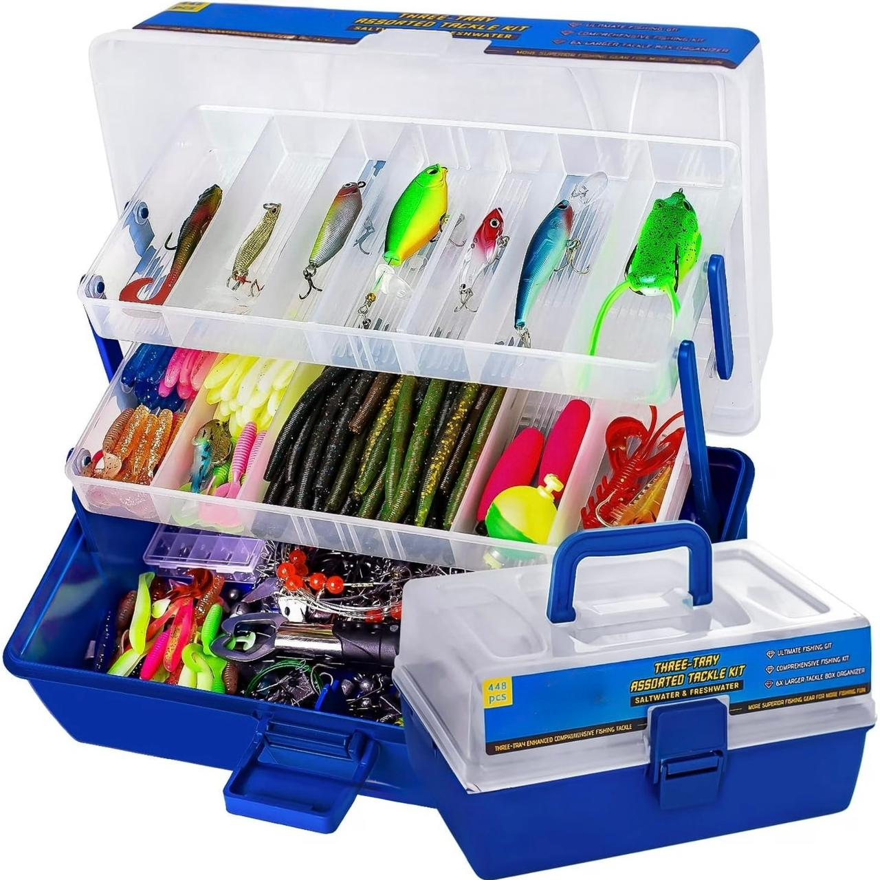 KIT DE SEÑUELOS DE PESCA DE 448 PIEZAS CON CAJA DE APAREJOS DE 3 CAPAS
